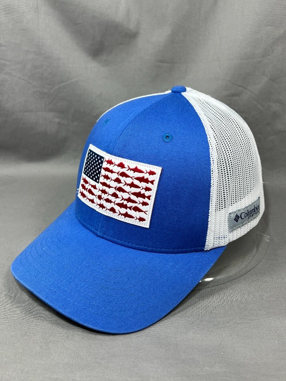 Columbia PFG Fish Flag Trucker Yupoong Hat Blue White Mesh Patch Snapback Cap